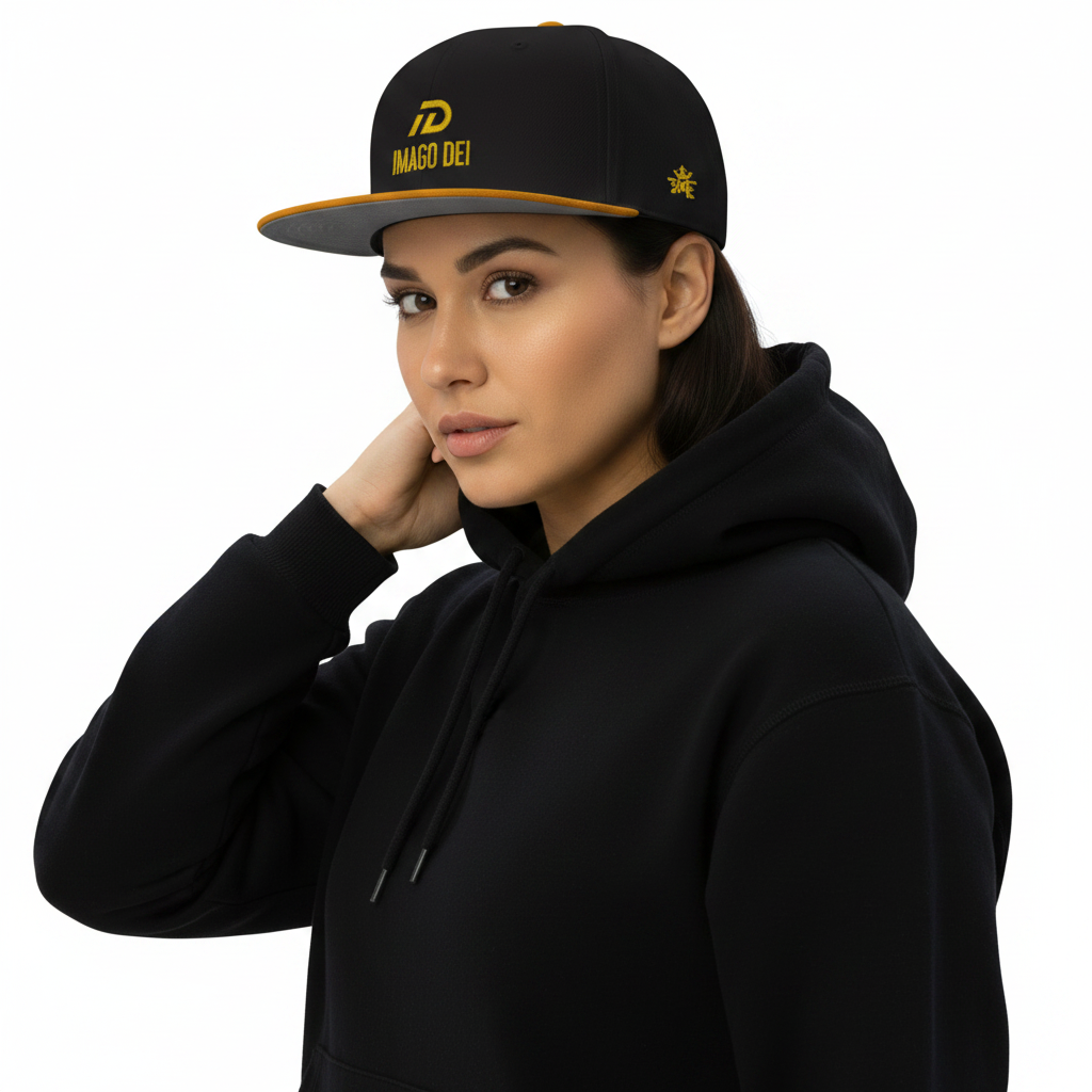IMAGO DEI unisex embroidered snapback hat — Christian streetwear.