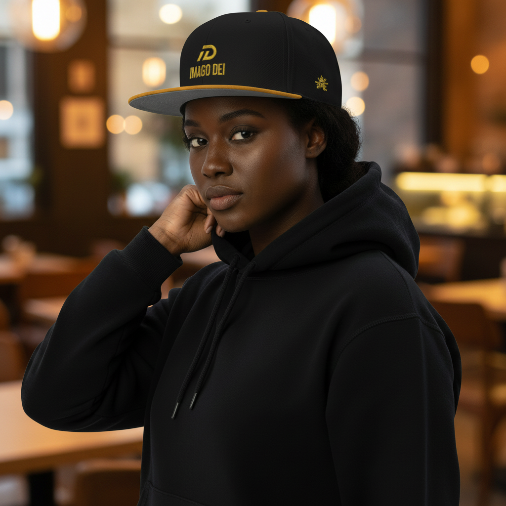 IMAGO DEI unisex embroidered snapback hat — Christian streetwear.