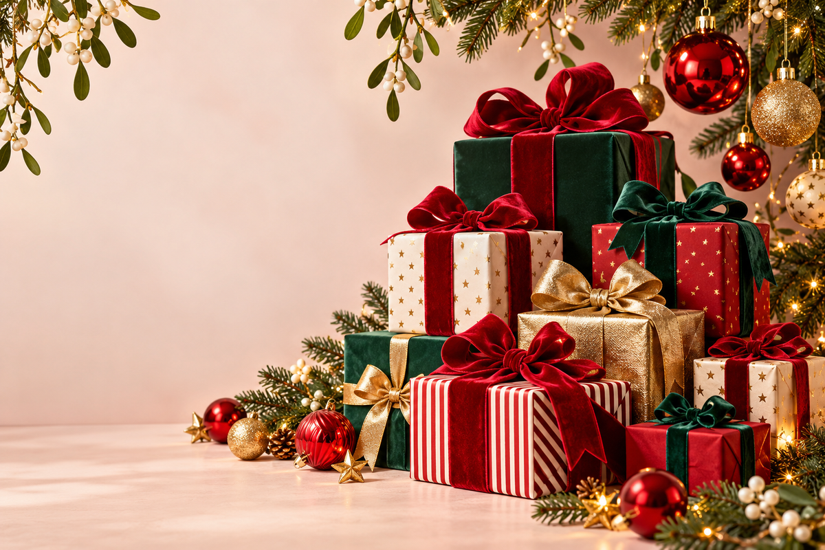 Colourful Christmas gift boxes with velvet ribbons, mistletoe and red and gold ornaments