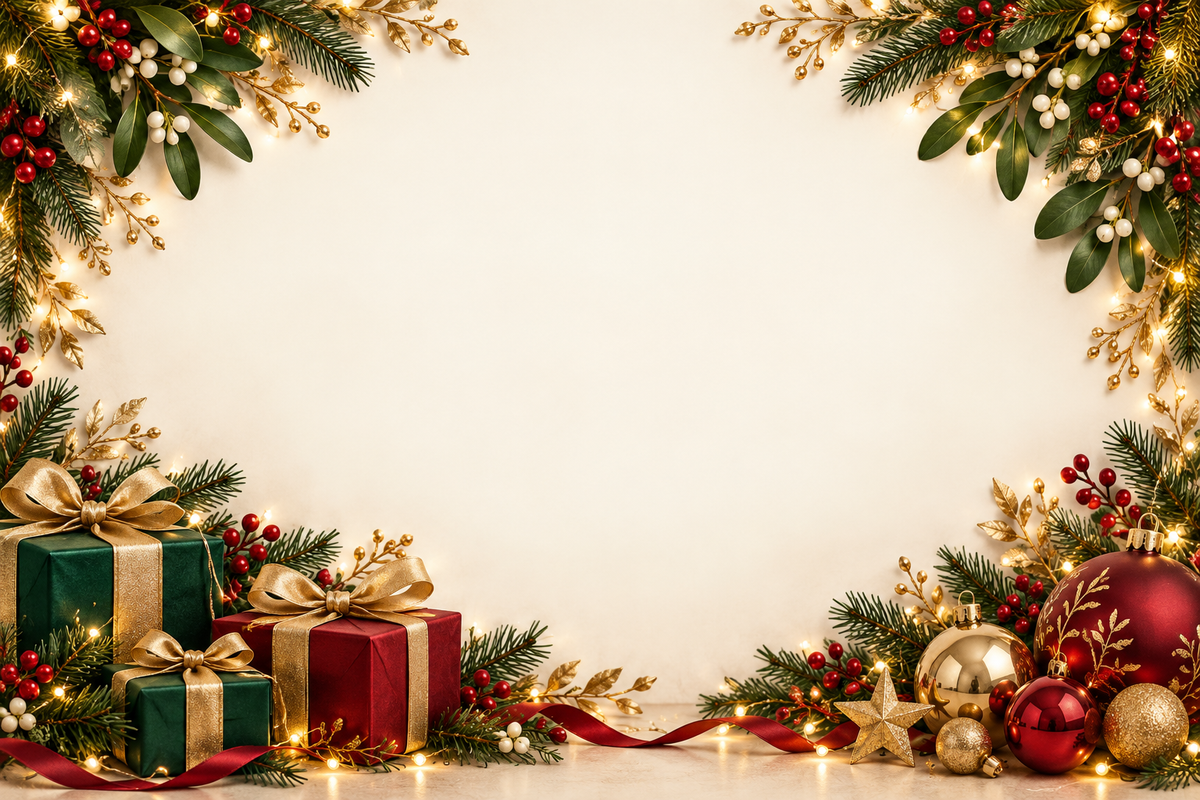 Festive frame of gift boxes, mistletoe, greenery and red and gold ornaments