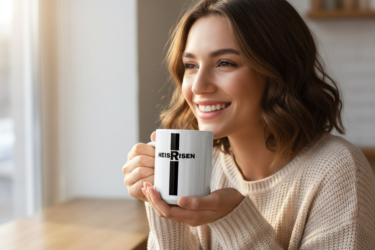 HE IS RISEN Christian ceramic mug with resurrection message.