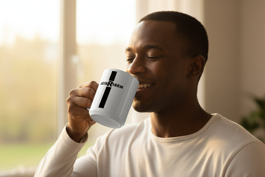 HE IS RISEN Christian ceramic mug with resurrection message.