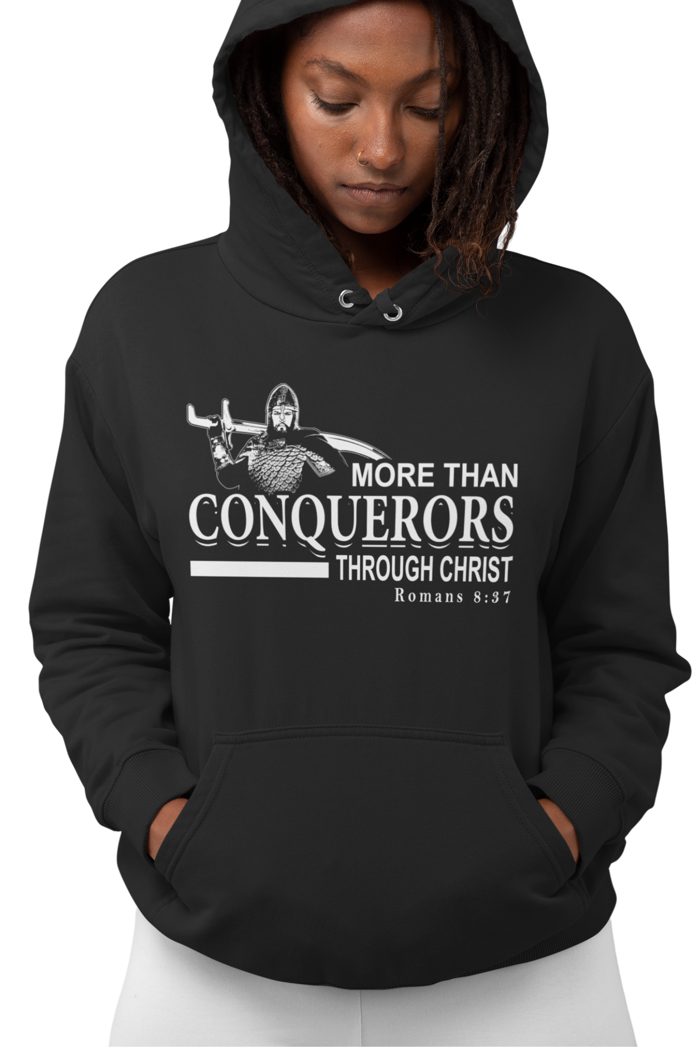 Christian streetwear hoodie inspired by Romans 8:37 — More Than Conquerors.