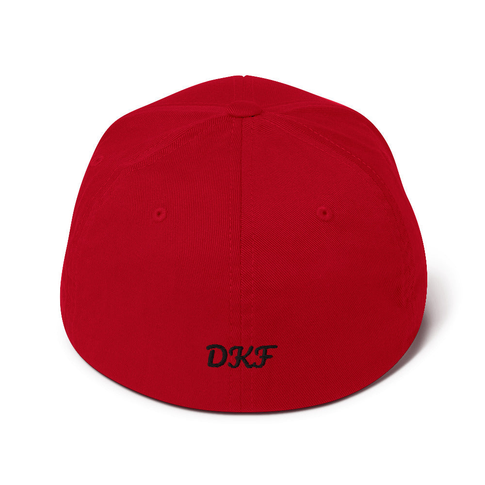 Red DKF twill cap with premium embroidery — Christian streetwear.