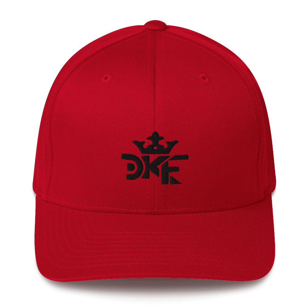 Red DKF twill cap with premium embroidery — Christian streetwear.