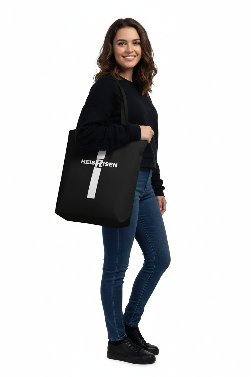 HE IS RISEN organic cotton tote bag with resurrection message.