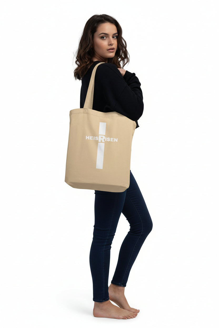 HE IS RISEN organic cotton tote bag with resurrection message.