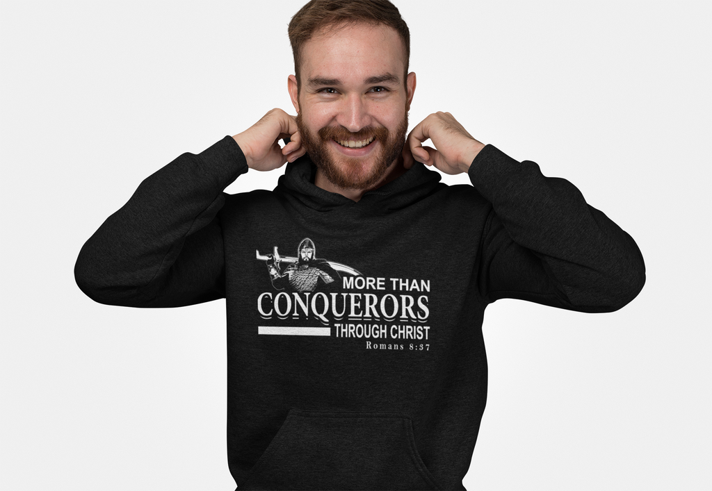 Christian streetwear hoodie inspired by Romans 8:37 — More Than Conquerors.