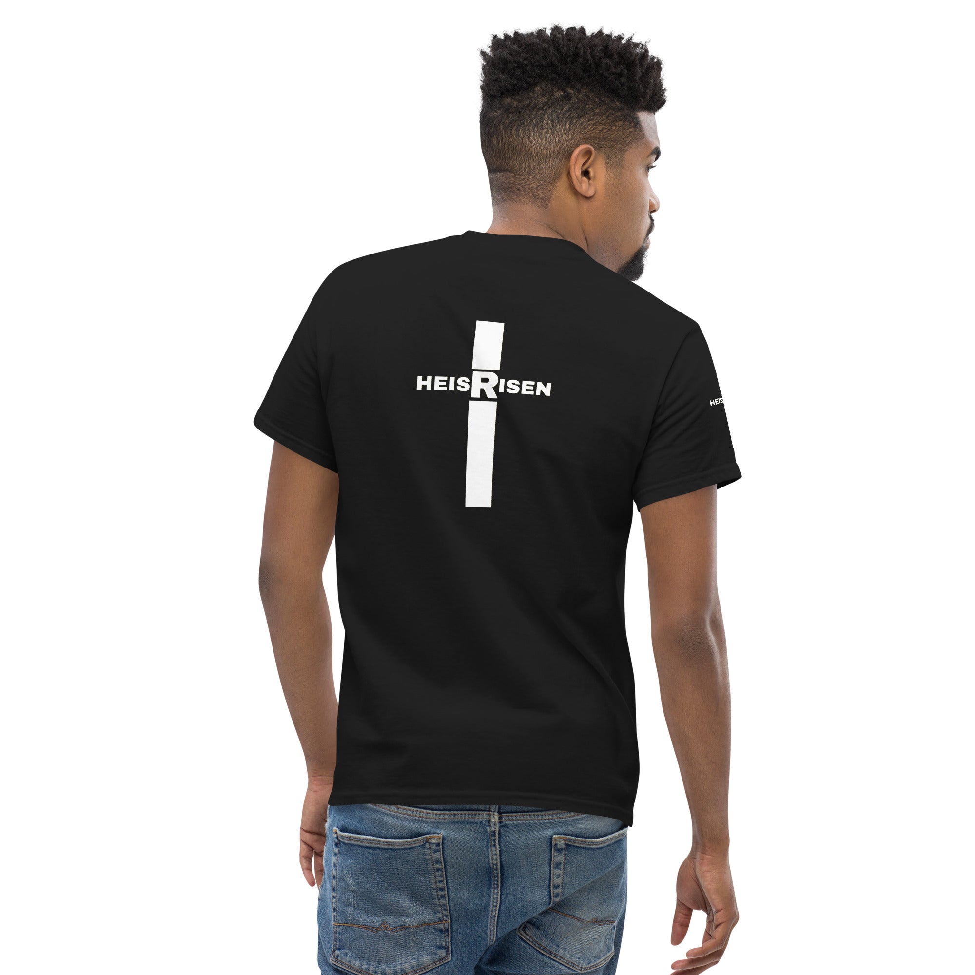 Black Christian resurrection T‑shirt with HE IS RISEN design inspired by 1 Peter 1:3.