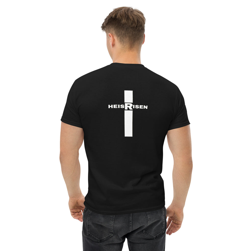 Black Christian resurrection T‑shirt with HE IS RISEN design inspired by 1 Peter 1:3.
