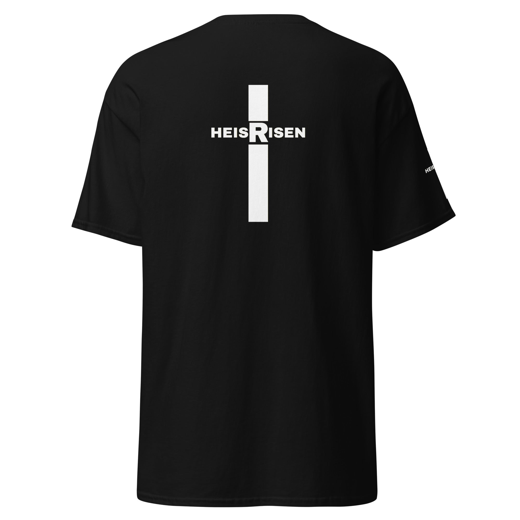 Black Christian resurrection T‑shirt with HE IS RISEN design inspired by 1 Peter 1:3.