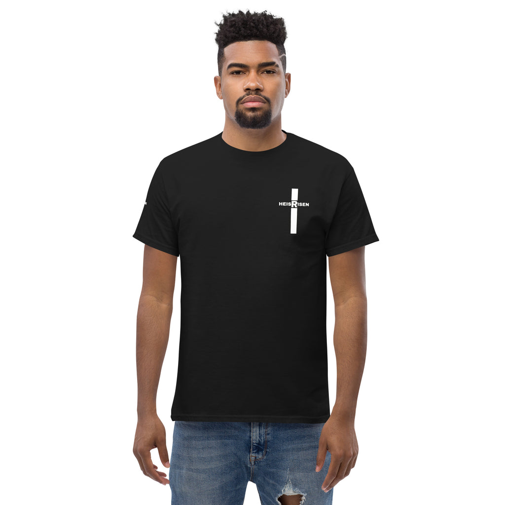 Black Christian resurrection T‑shirt with HE IS RISEN design inspired by 1 Peter 1:3.