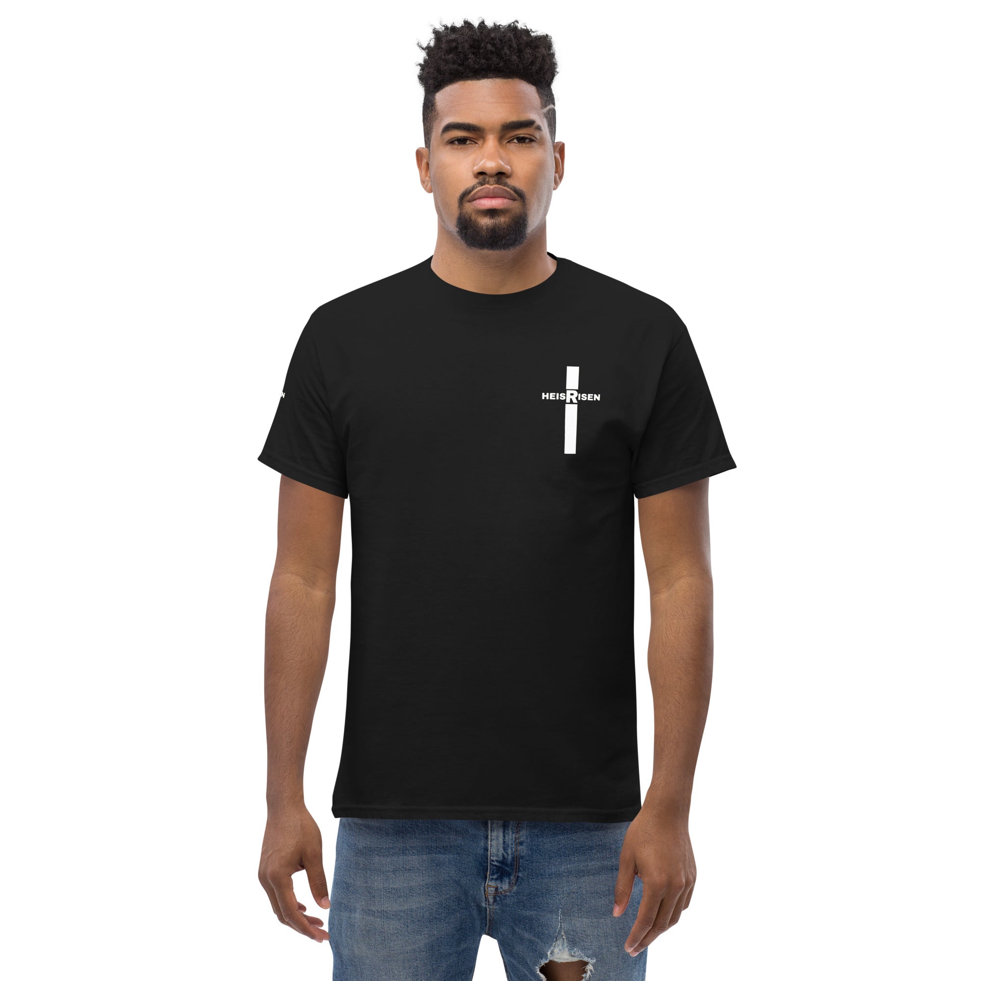 Black Christian resurrection T‑shirt with HE IS RISEN design inspired by 1 Peter 1:3.