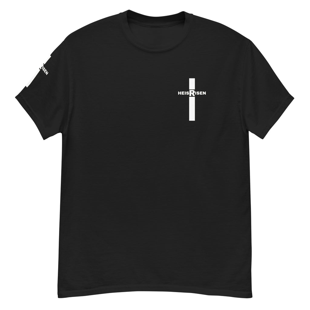 Black Christian resurrection T‑shirt with HE IS RISEN design inspired by 1 Peter 1:3.