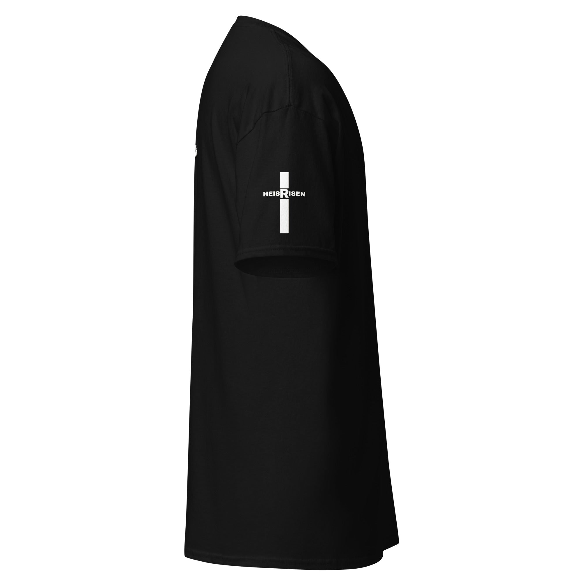 Black Christian resurrection T‑shirt with HE IS RISEN design inspired by 1 Peter 1:3.