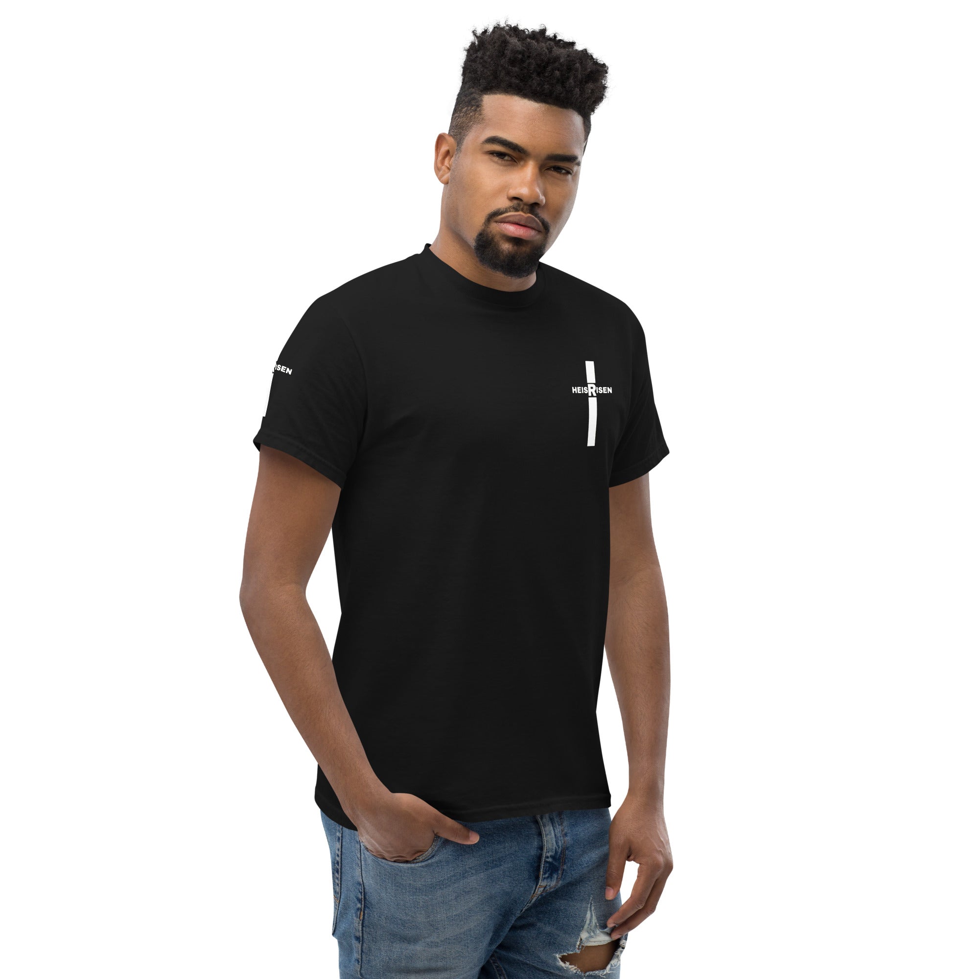 Black Christian resurrection T‑shirt with HE IS RISEN design inspired by 1 Peter 1:3.