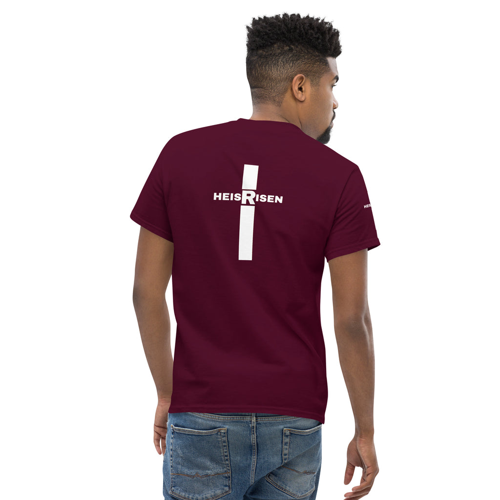 Maron Christian resurrection T‑shirt with HE IS RISEN design inspired by 1 Peter 1:3.