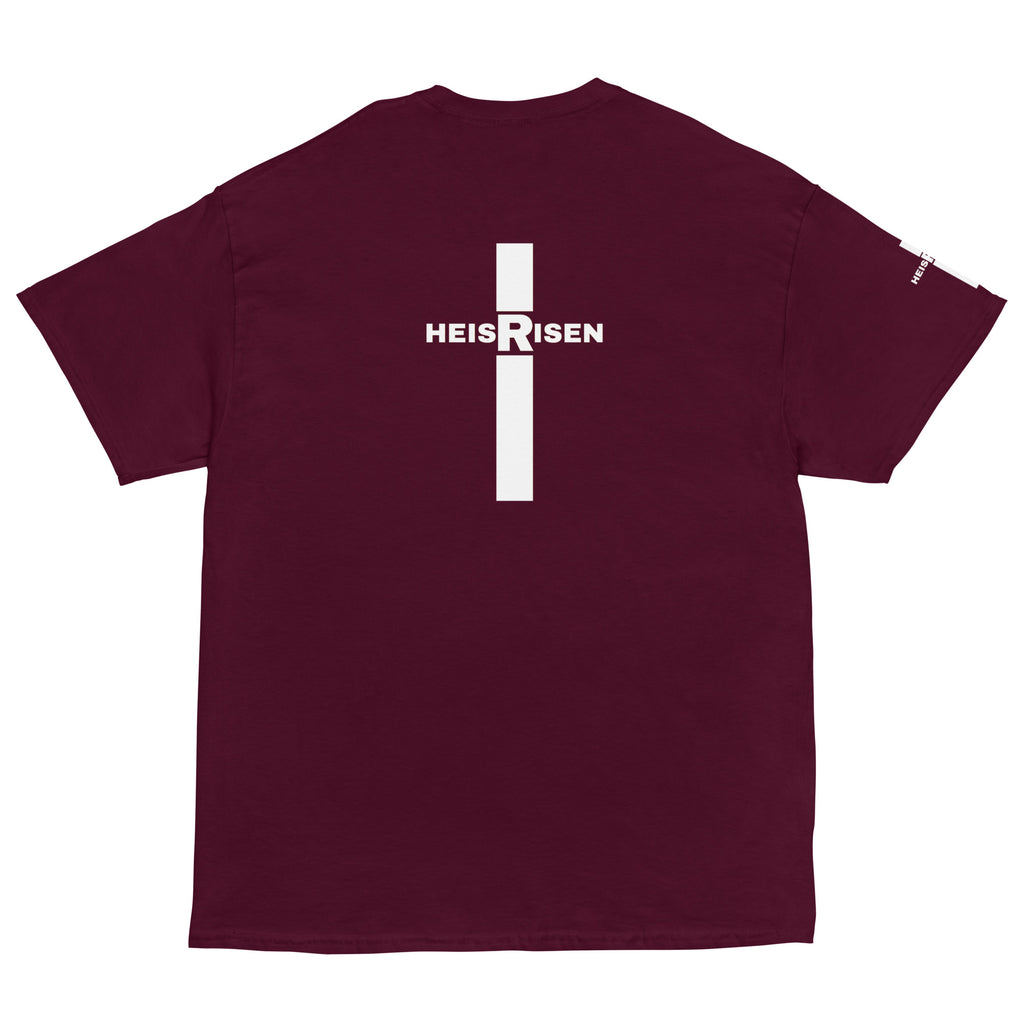 Maron Christian resurrection T‑shirt with HE IS RISEN design inspired by 1 Peter 1:3.