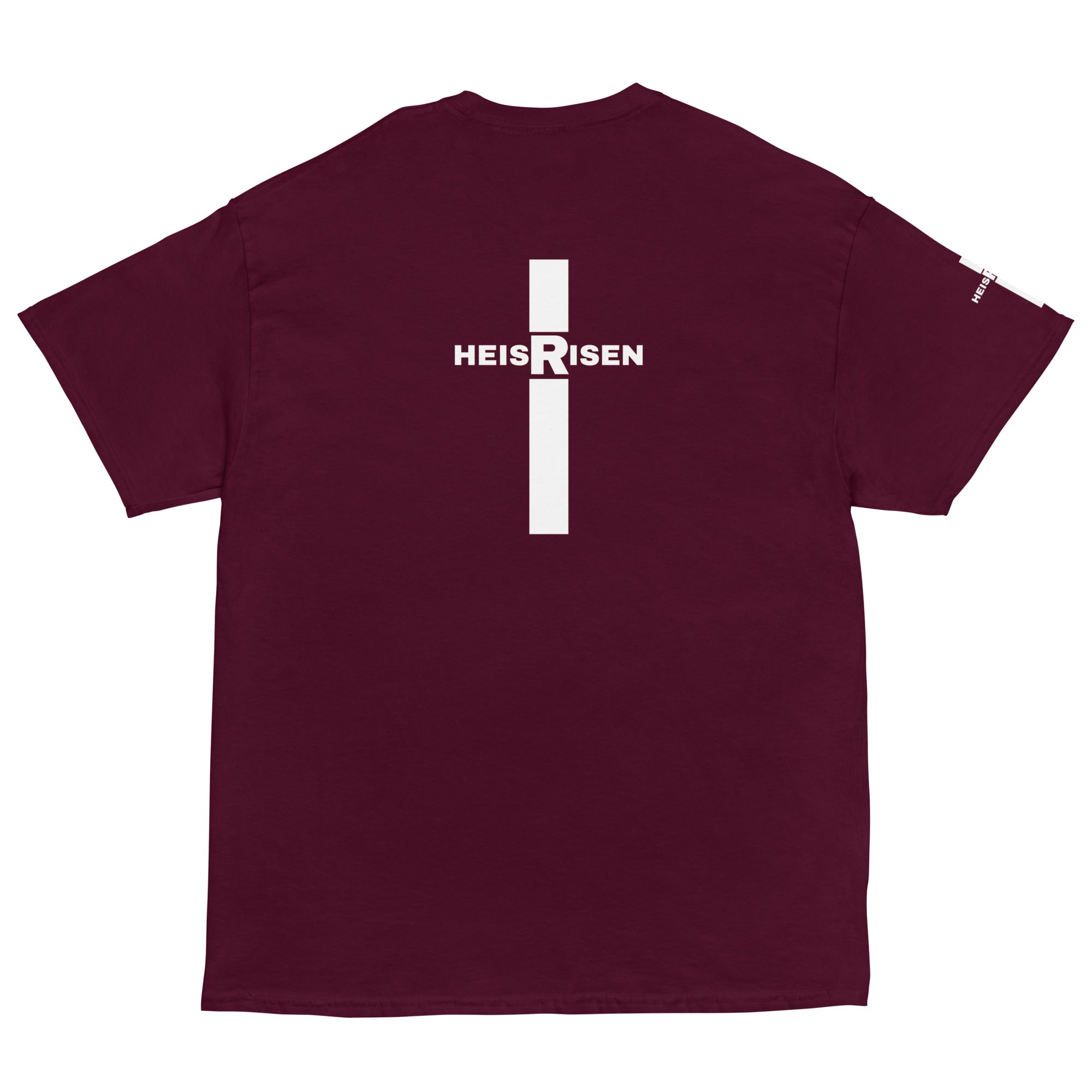 Maron Christian resurrection T‑shirt with HE IS RISEN design inspired by 1 Peter 1:3.