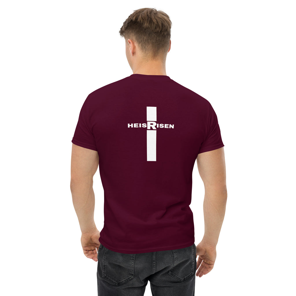 Maron Christian resurrection T‑shirt with HE IS RISEN design inspired by 1 Peter 1:3.