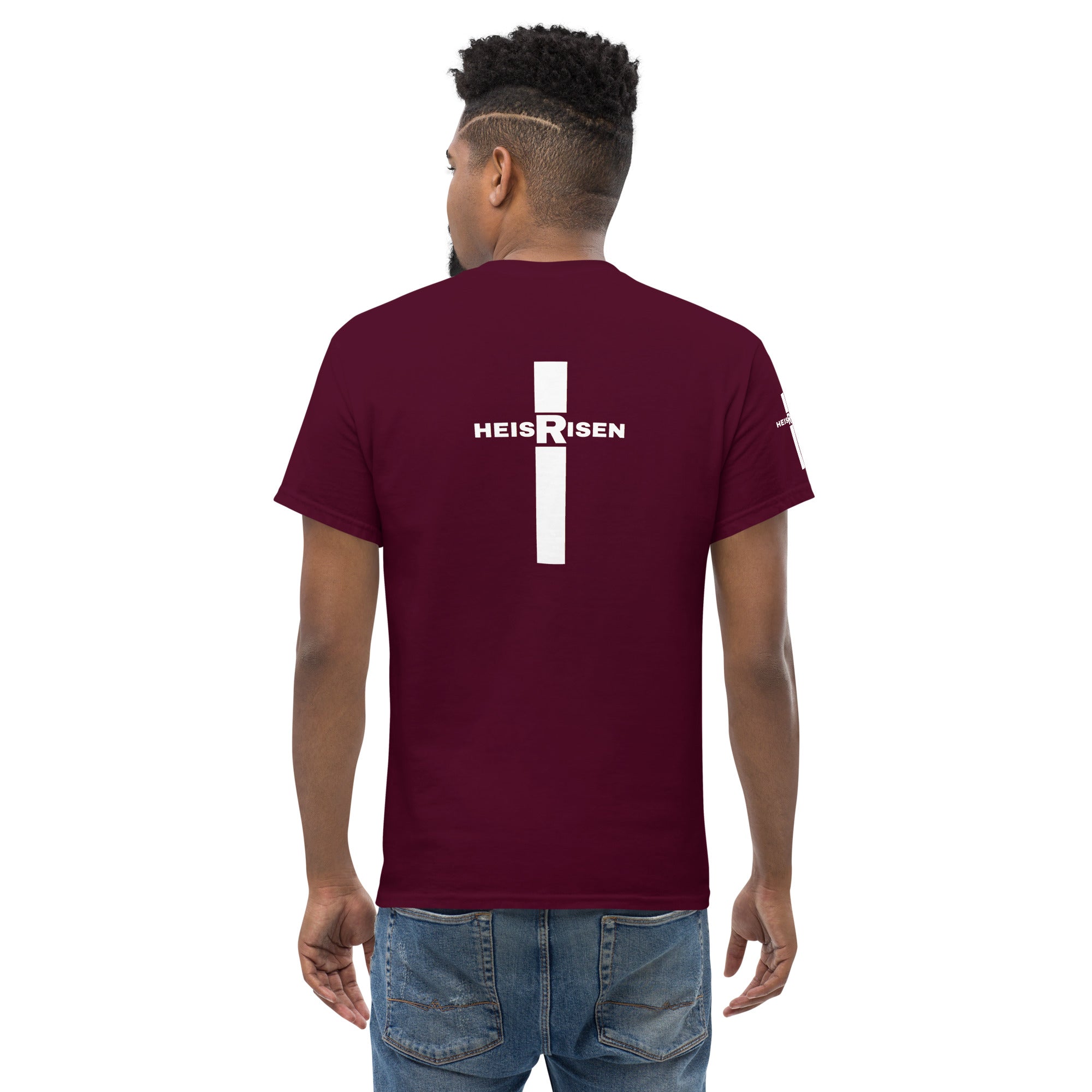 Maron Christian resurrection T‑shirt with HE IS RISEN design inspired by 1 Peter 1:3.