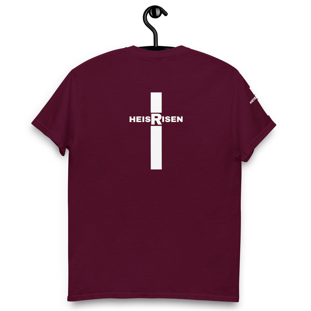 Maron Christian resurrection T‑shirt with HE IS RISEN design inspired by 1 Peter 1:3.