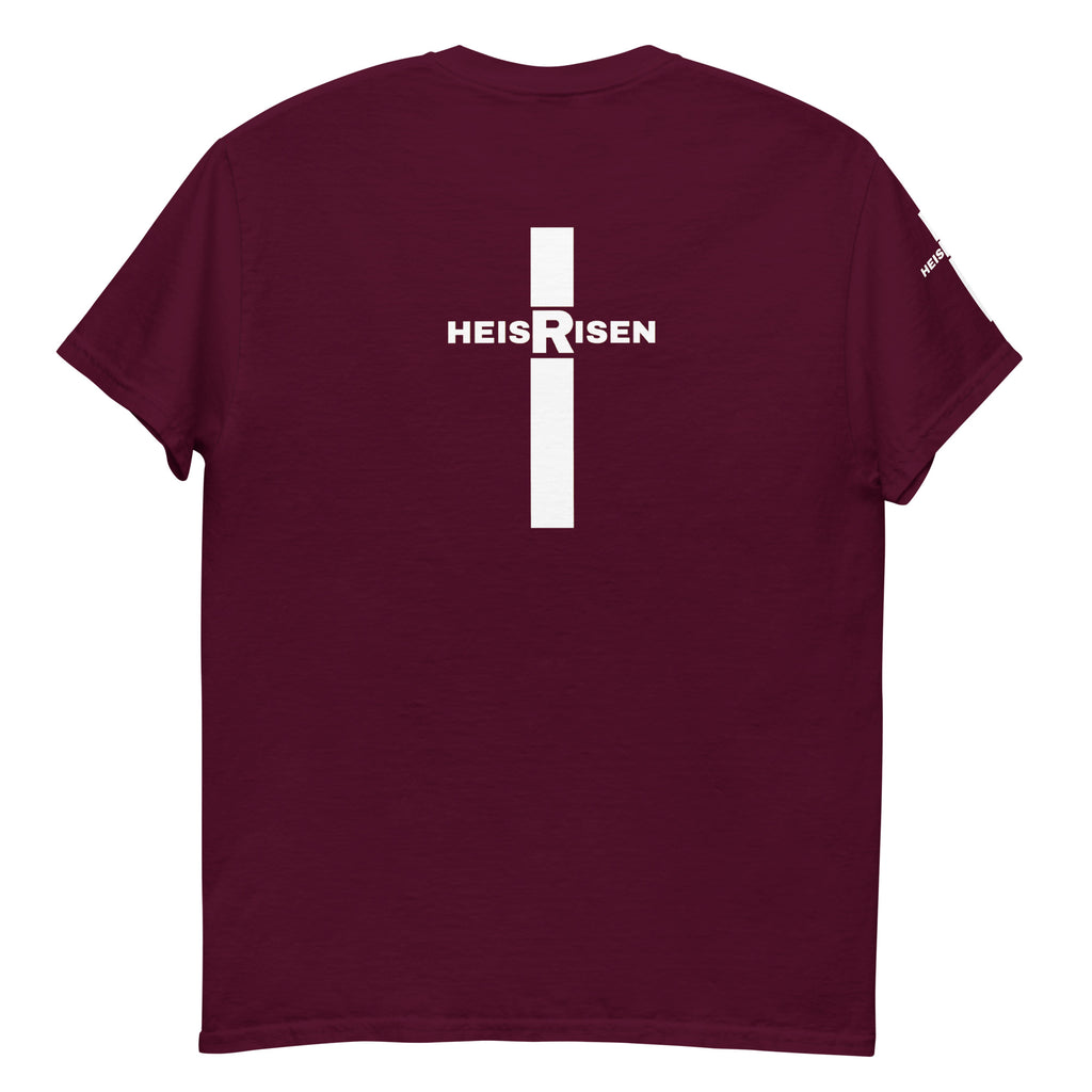 Maron Christian resurrection T‑shirt with HE IS RISEN design inspired by 1 Peter 1:3.