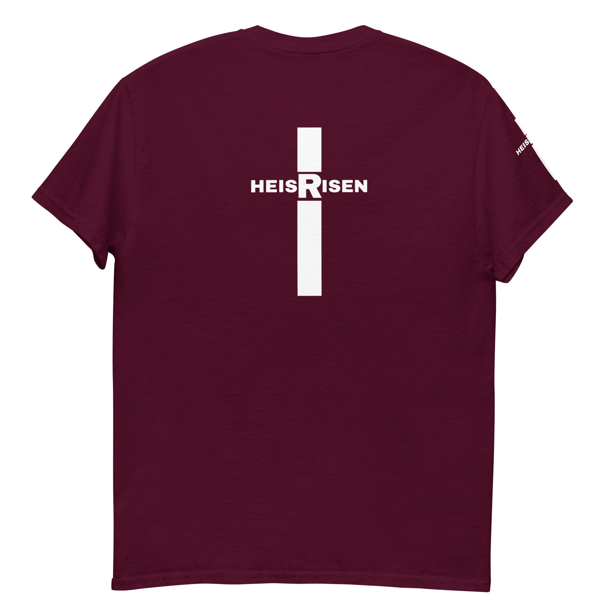 Maron Christian resurrection T‑shirt with HE IS RISEN design inspired by 1 Peter 1:3.