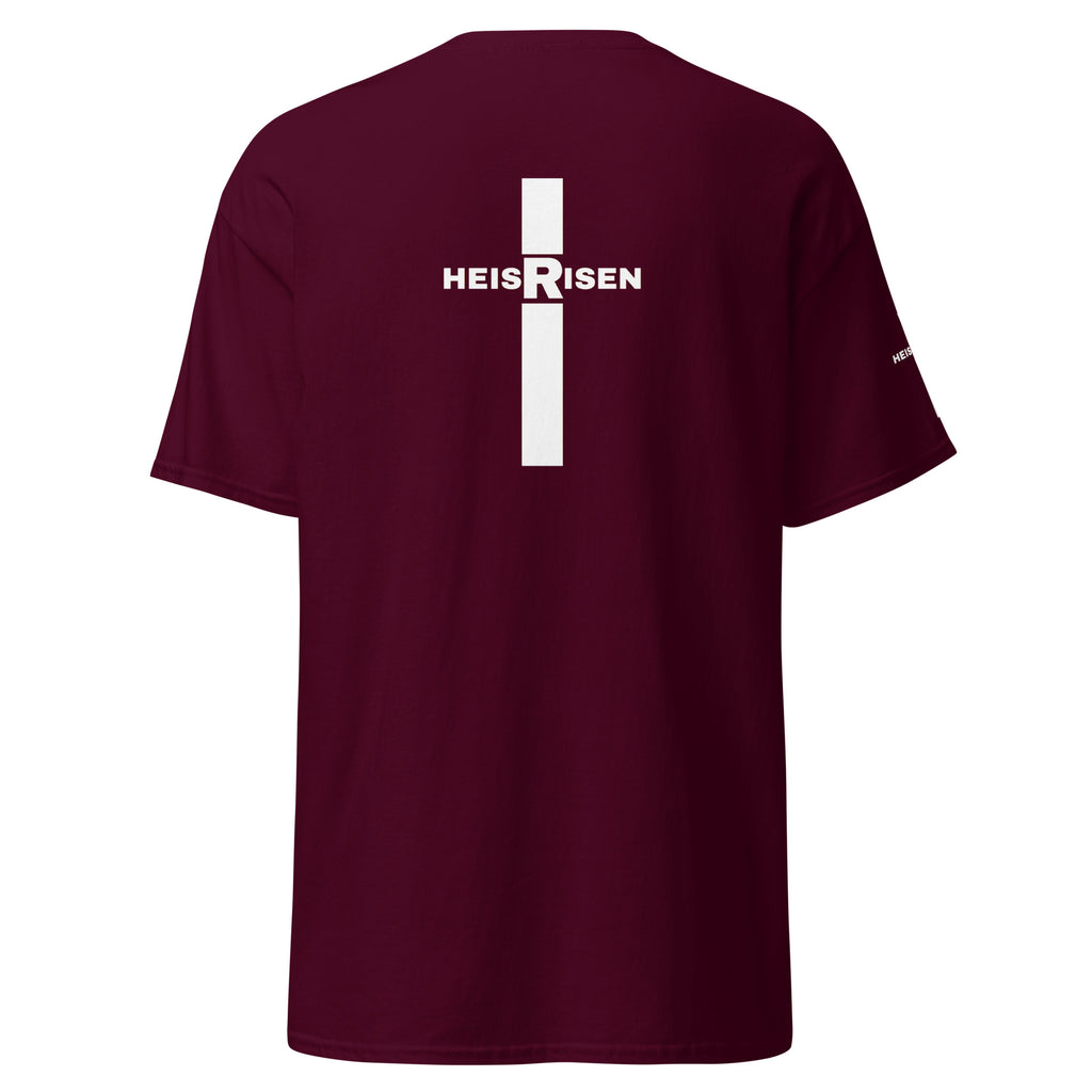 Maron Christian resurrection T‑shirt with HE IS RISEN design inspired by 1 Peter 1:3.