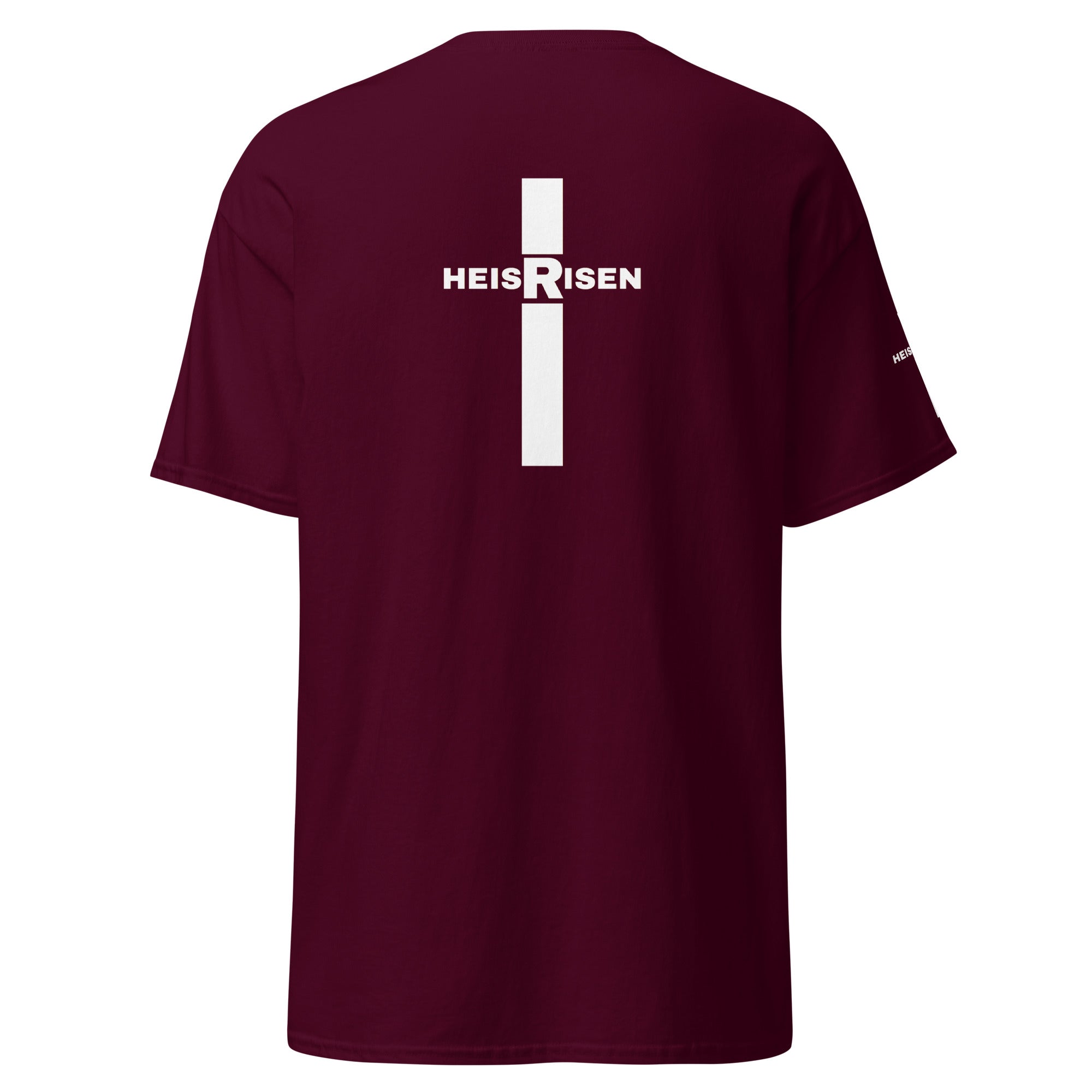 Maron Christian resurrection T‑shirt with HE IS RISEN design inspired by 1 Peter 1:3.