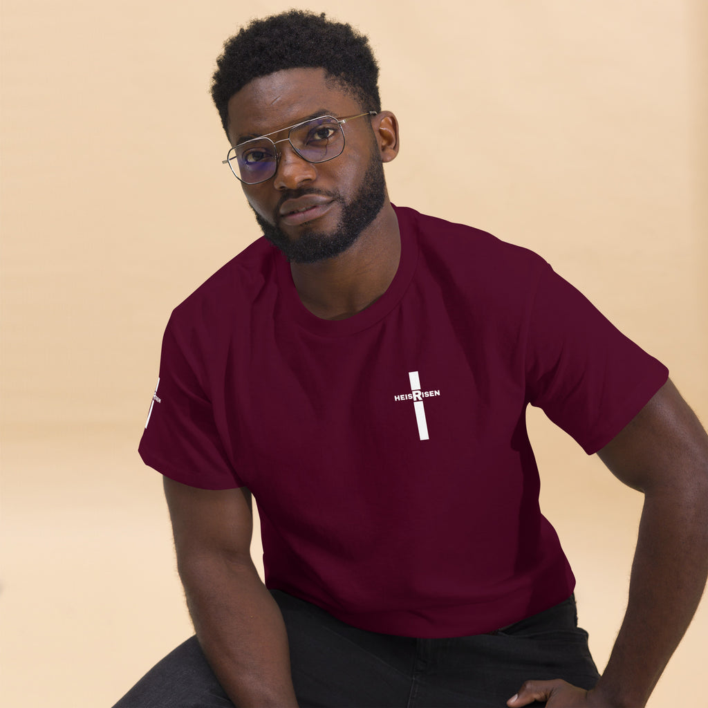 Maron Christian resurrection T‑shirt with HE IS RISEN design inspired by 1 Peter 1:3.