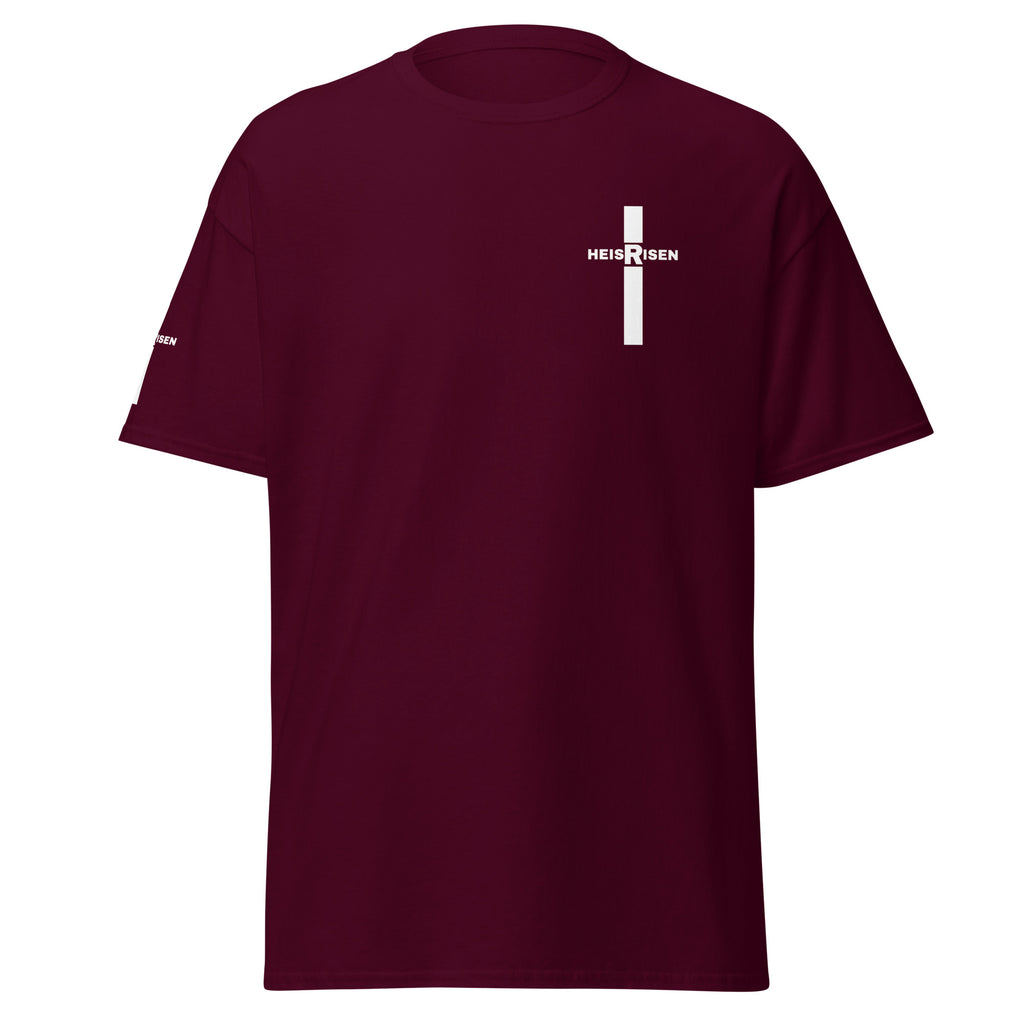 Maron Christian resurrection T‑shirt with HE IS RISEN design inspired by 1 Peter 1:3.