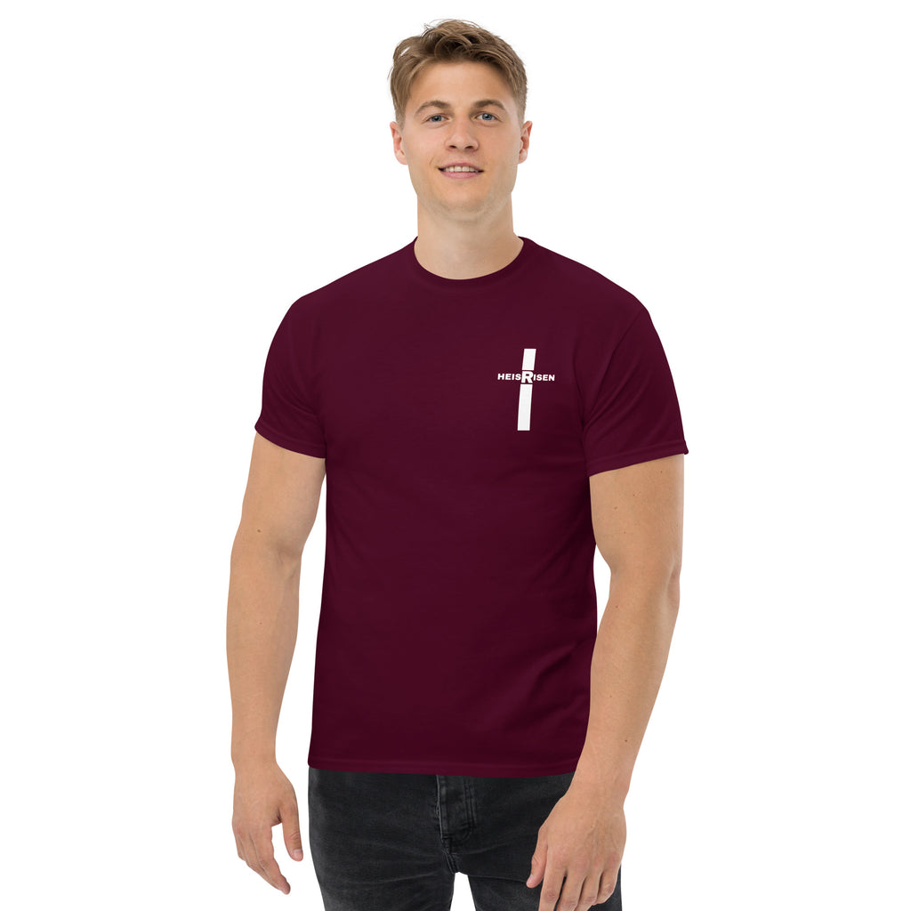 Maron Christian resurrection T‑shirt with HE IS RISEN design inspired by 1 Peter 1:3.