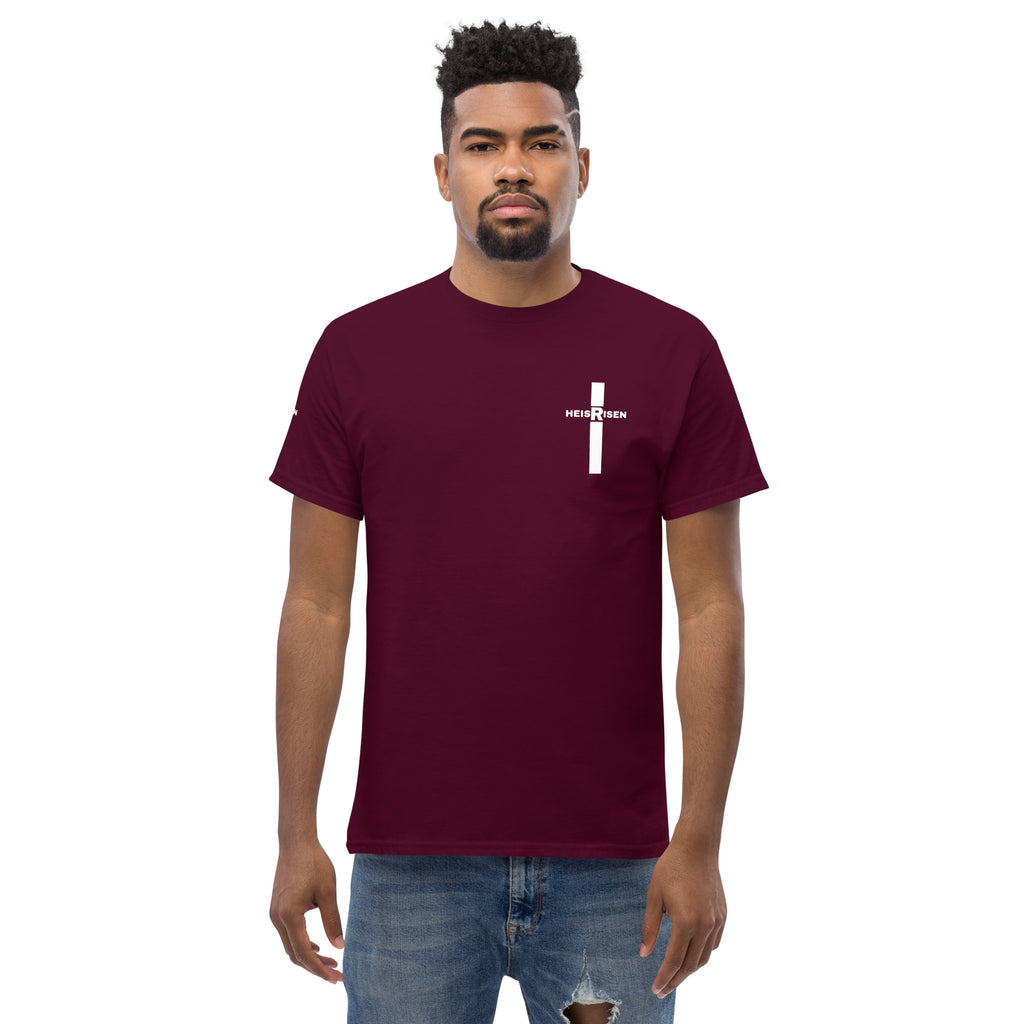 Maron Christian resurrection T‑shirt with HE IS RISEN design inspired by 1 Peter 1:3.