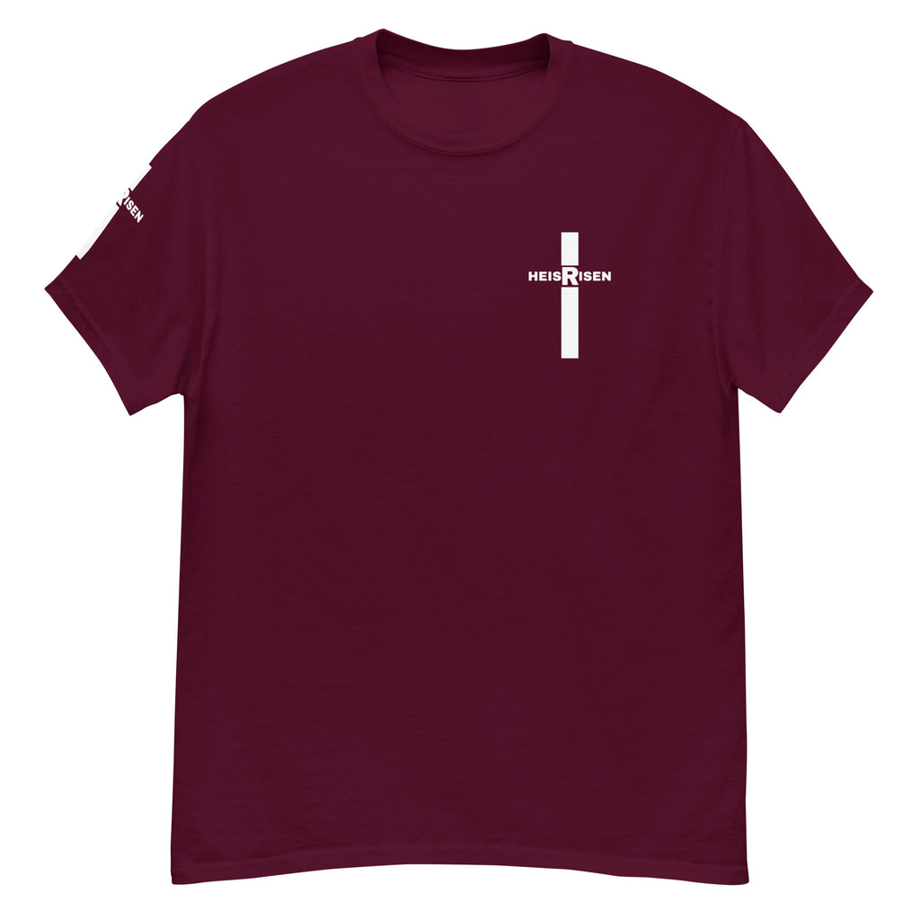 Maron Christian resurrection T‑shirt with HE IS RISEN design inspired by 1 Peter 1:3.