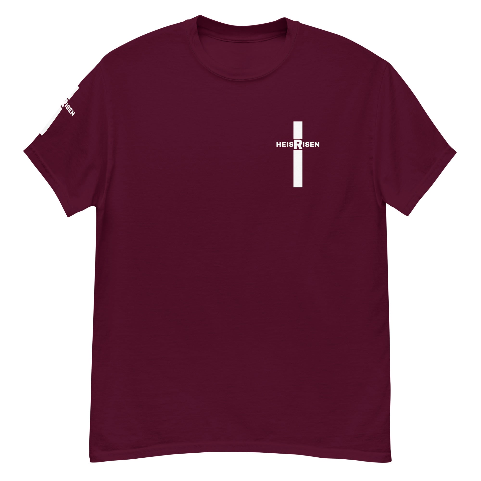 Maron Christian resurrection T‑shirt with HE IS RISEN design inspired by 1 Peter 1:3.