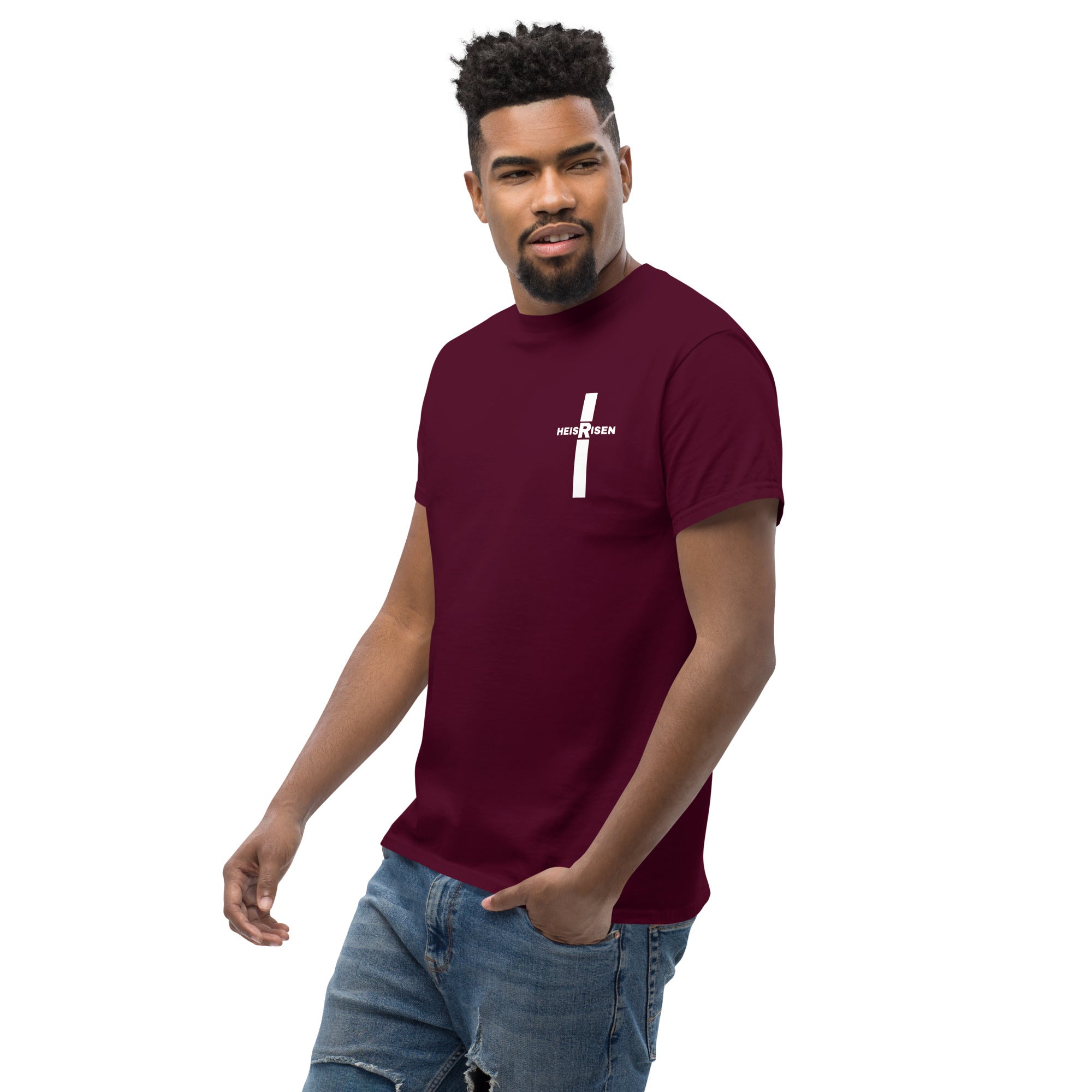 Maron Christian resurrection T‑shirt with HE IS RISEN design inspired by 1 Peter 1:3.