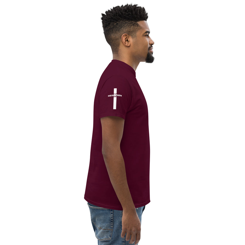 Maron Christian resurrection T‑shirt with HE IS RISEN design inspired by 1 Peter 1:3.