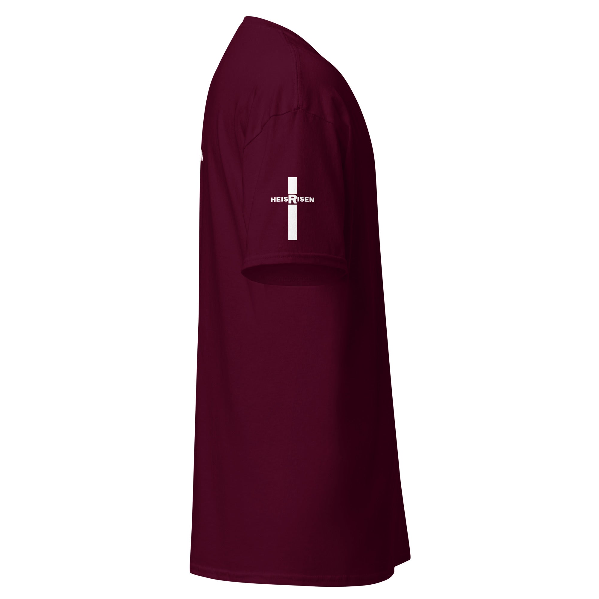Maron Christian resurrection T‑shirt with HE IS RISEN design inspired by 1 Peter 1:3.