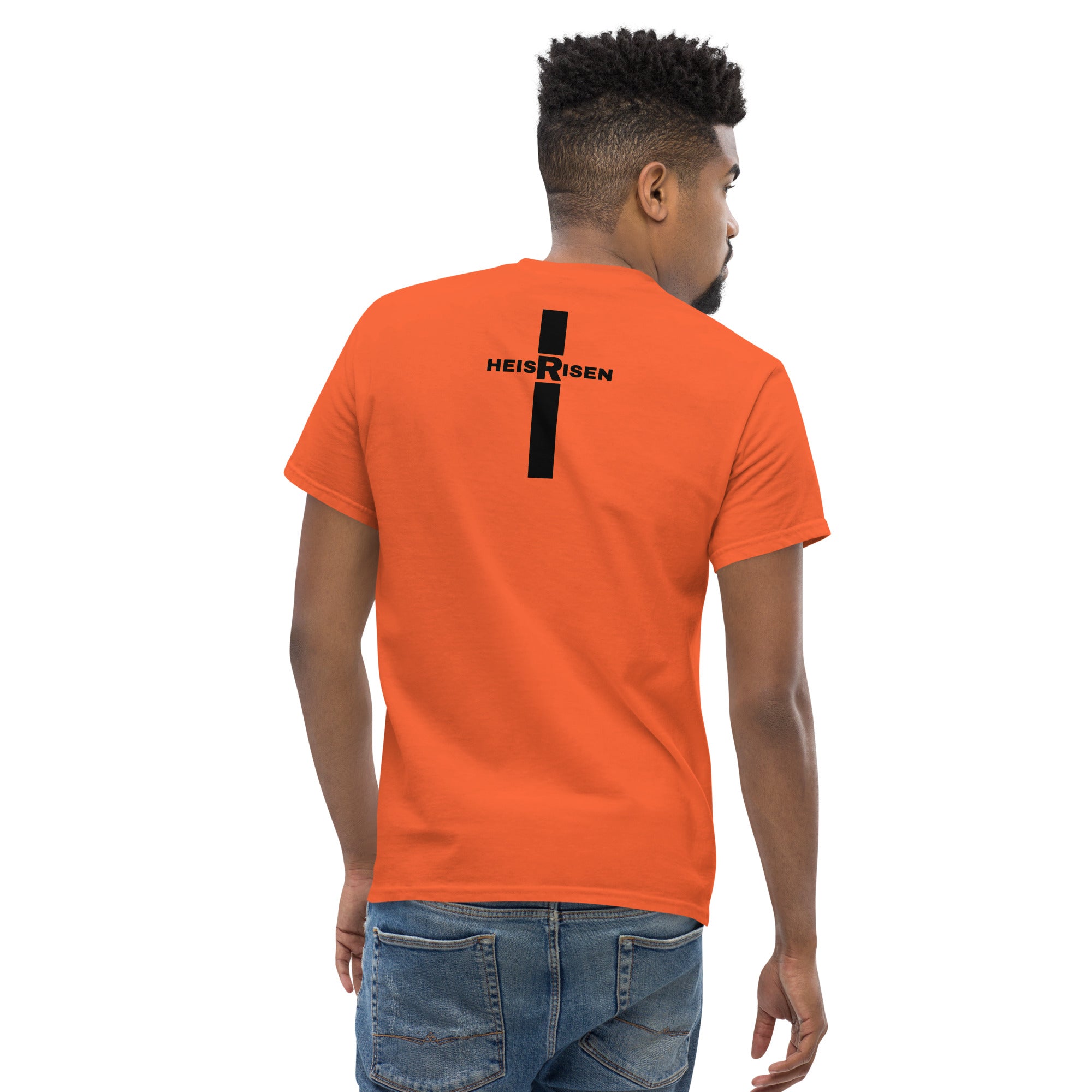 DKINGDOMFASHIONS red HE IS RISEN shirt declaring the resurrection.