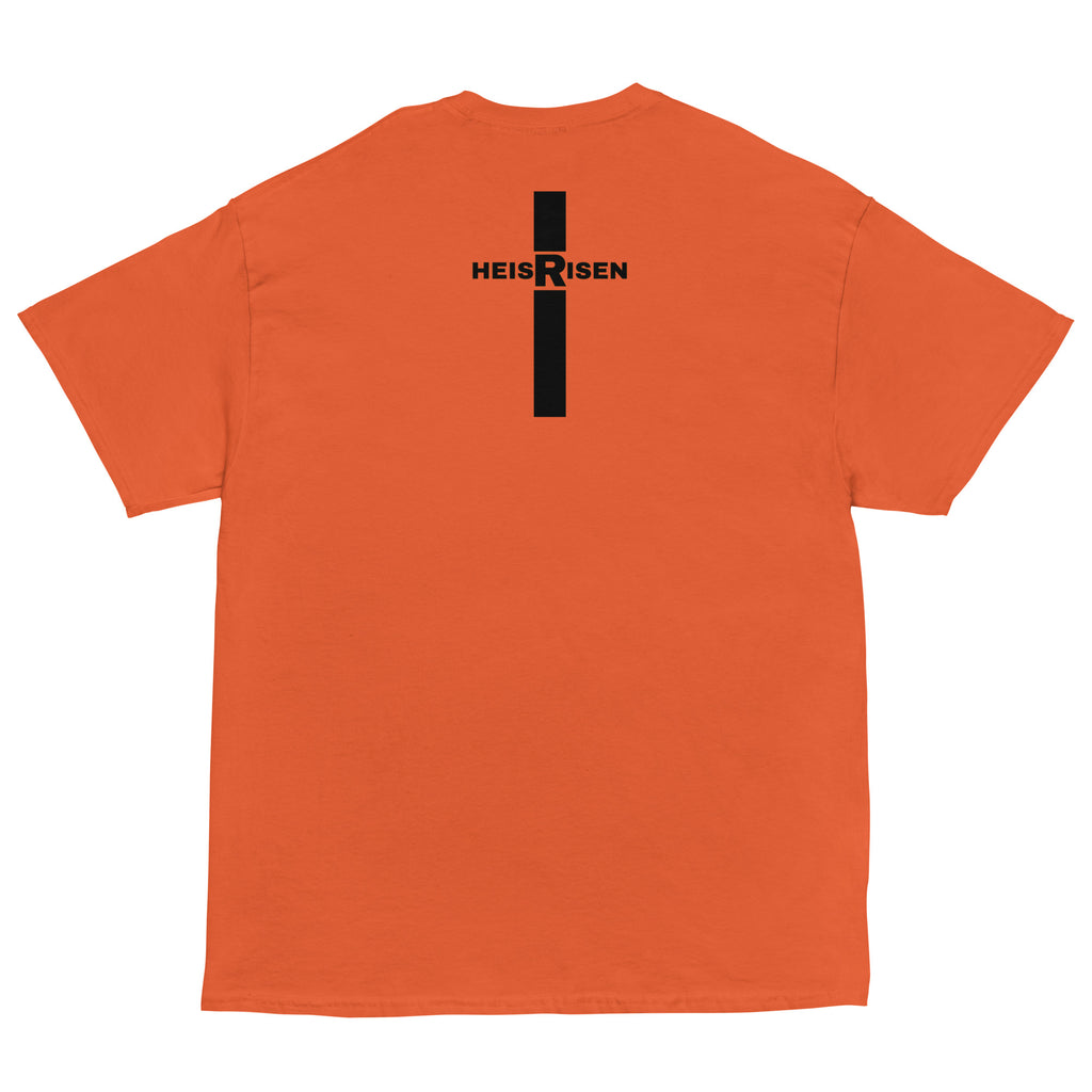 DKINGDOMFASHIONS red HE IS RISEN shirt declaring the resurrection.