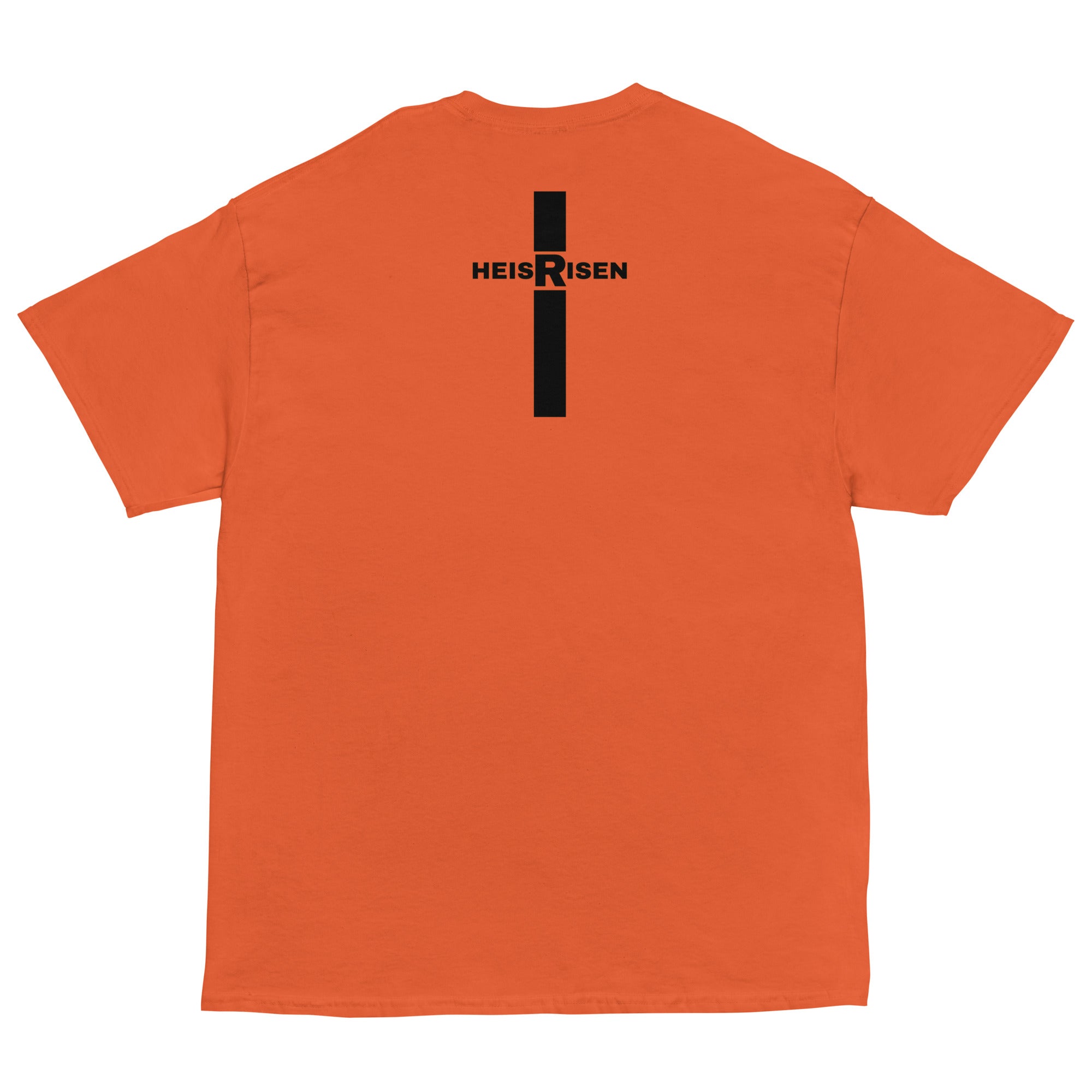 DKINGDOMFASHIONS red HE IS RISEN shirt declaring the resurrection.
