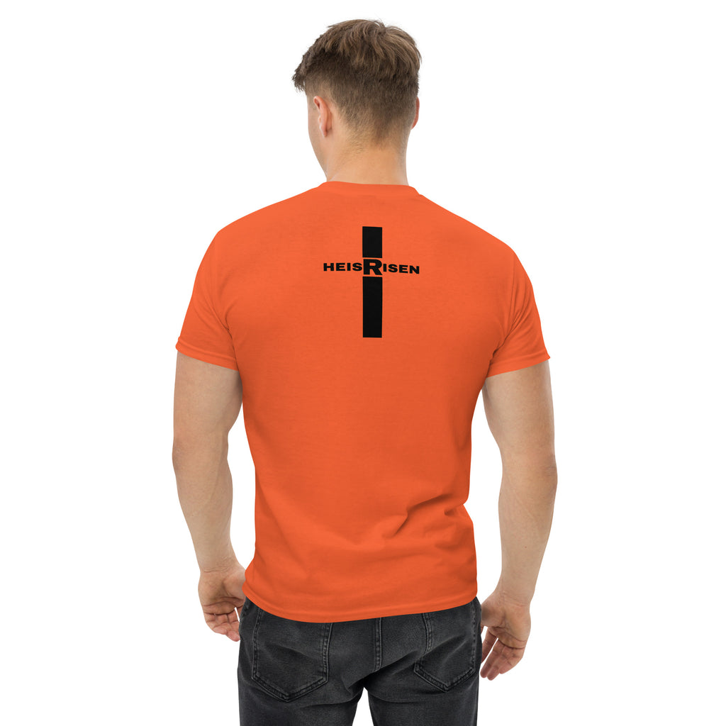 DKINGDOMFASHIONS red HE IS RISEN shirt declaring the resurrection.