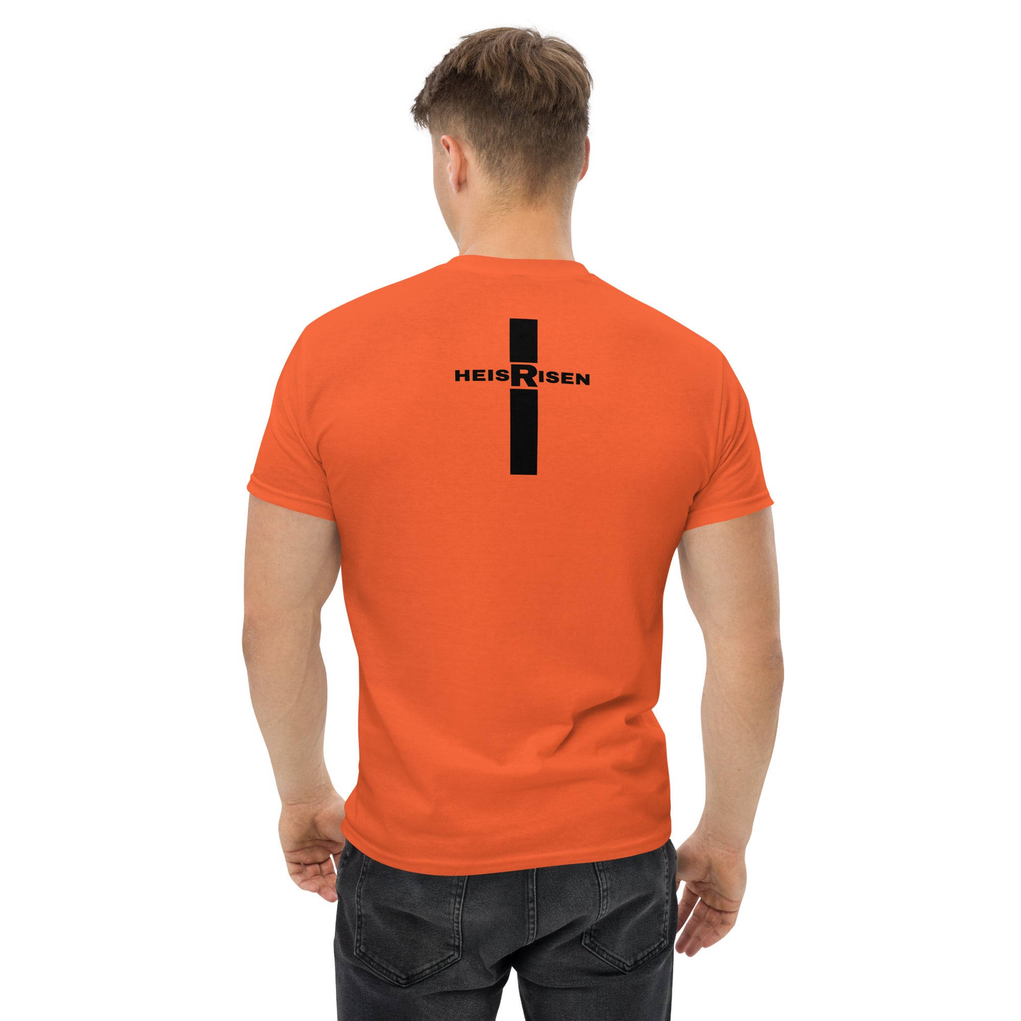 DKINGDOMFASHIONS red HE IS RISEN shirt declaring the resurrection.