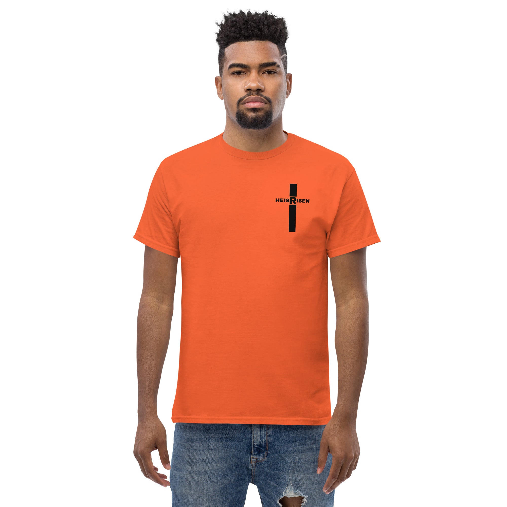 DKINGDOMFASHIONS red HE IS RISEN shirt declaring the resurrection.