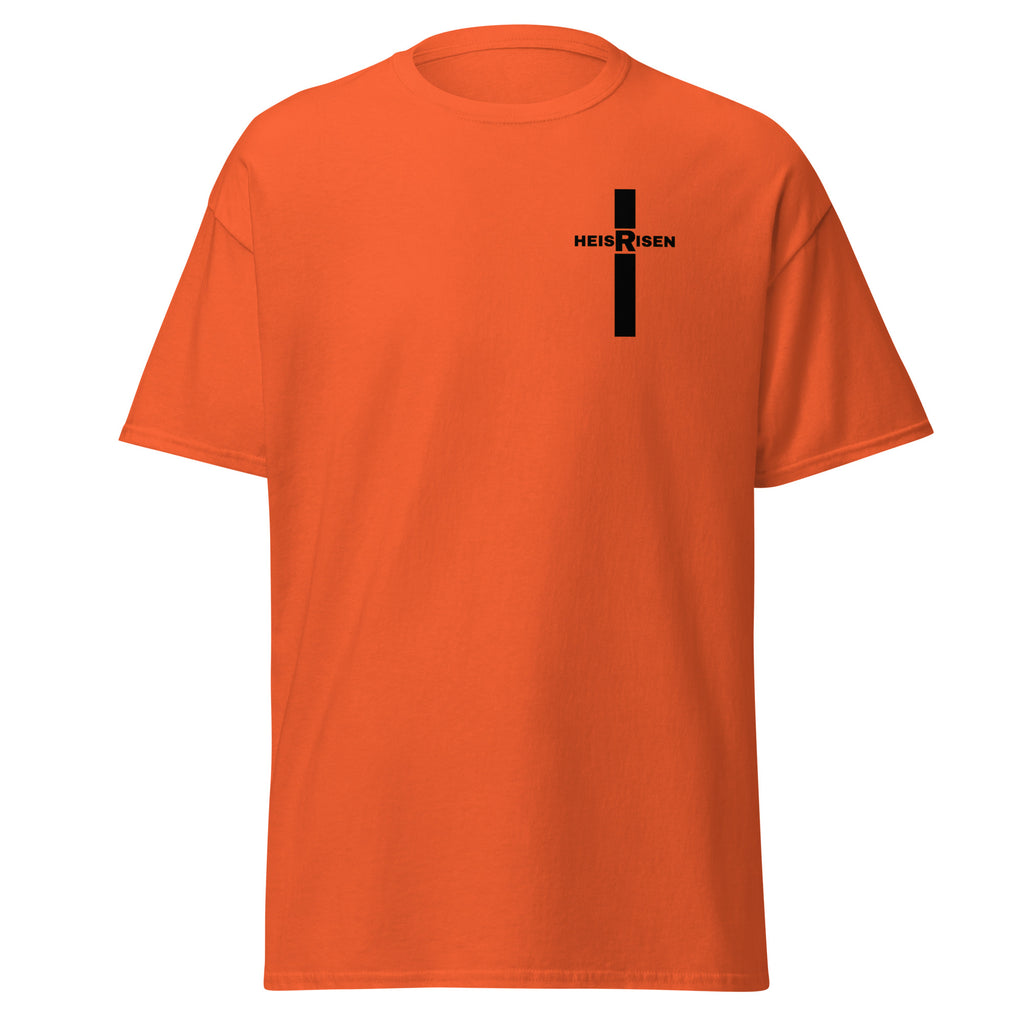DKINGDOMFASHIONS red HE IS RISEN shirt declaring the resurrection.
