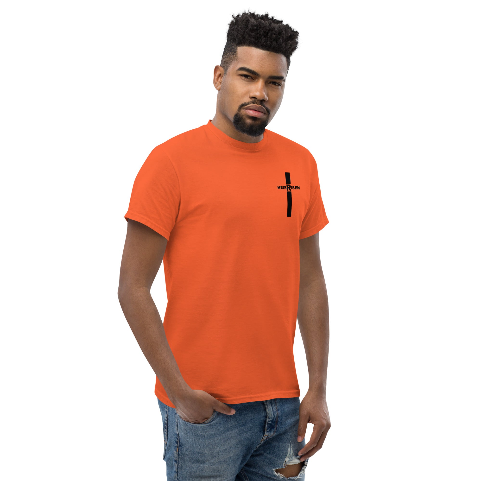 DKINGDOMFASHIONS red HE IS RISEN shirt declaring the resurrection.