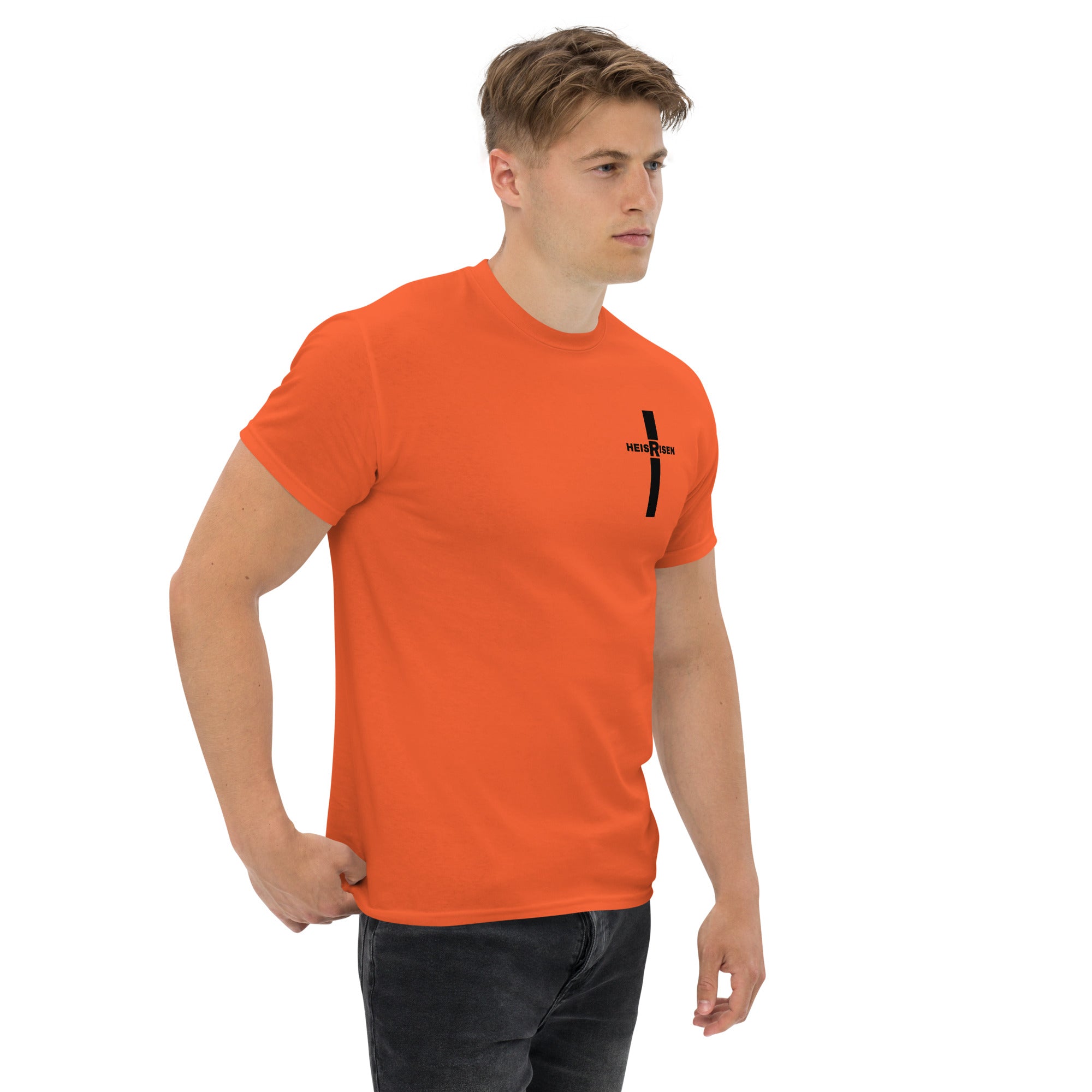 DKINGDOMFASHIONS red HE IS RISEN shirt declaring the resurrection.