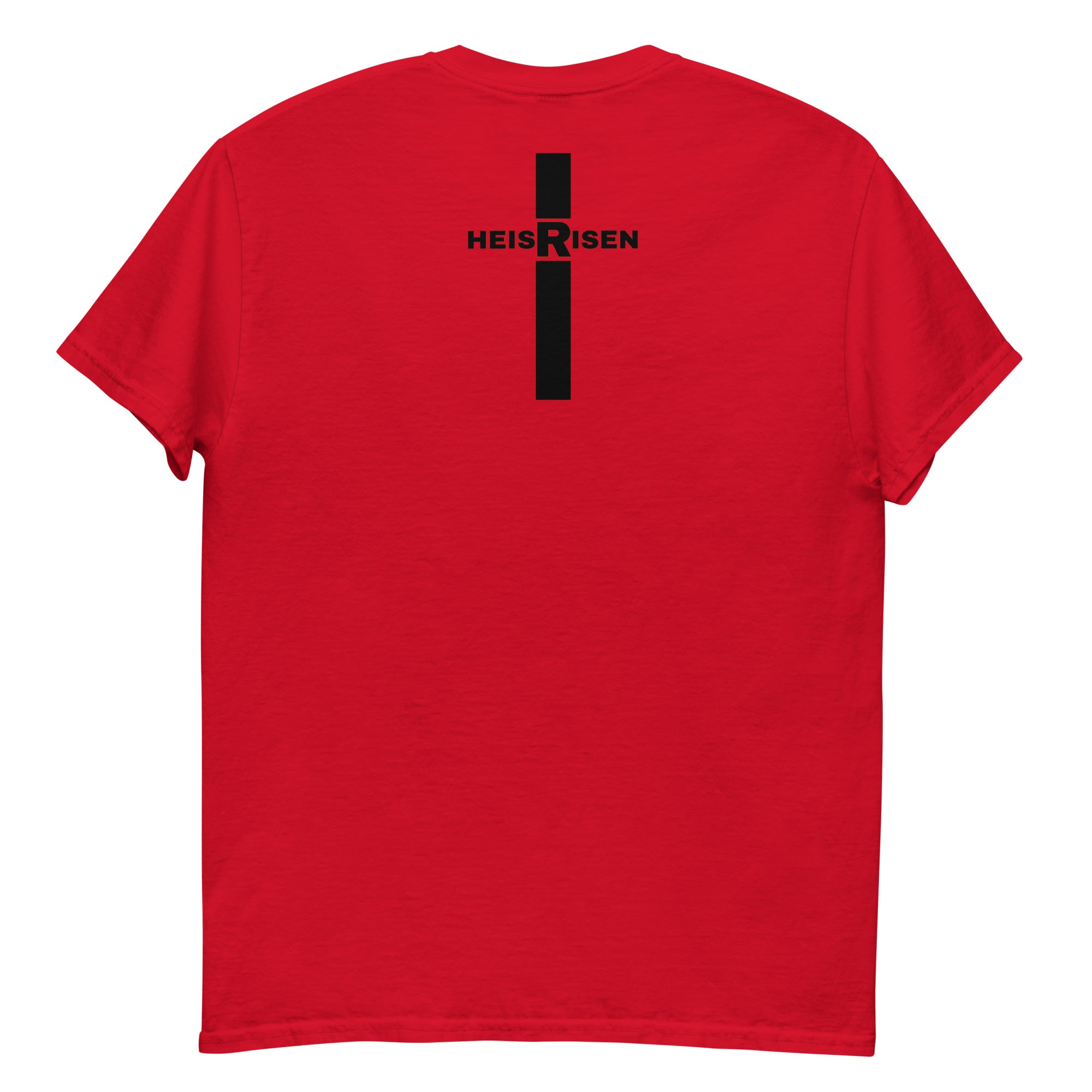 Red Christian resurrection T‑shirt with HE IS RISEN design inspired by 1 Peter 1:3.