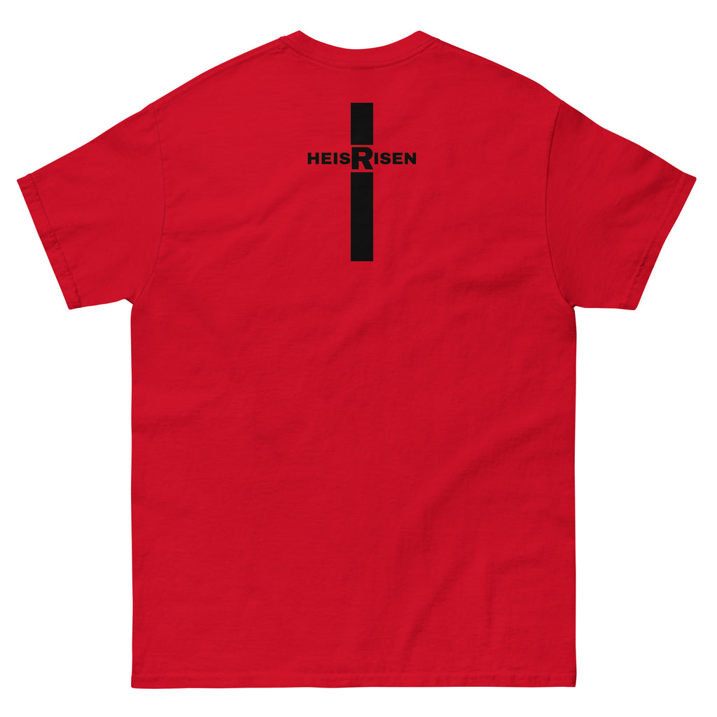 Red Christian resurrection T‑shirt with HE IS RISEN design inspired by 1 Peter 1:3.